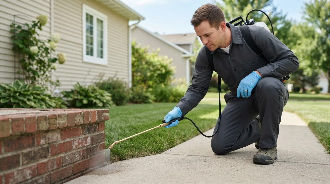 Pest control technician treating a home near Portal, ND